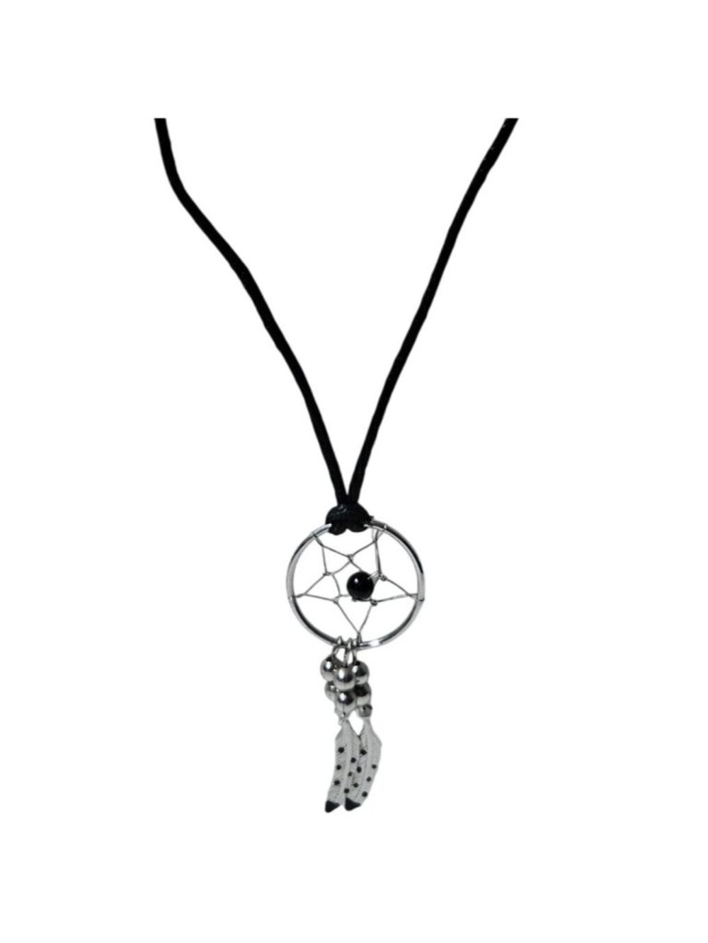 Dreamcatcher Pendant Necklace Black Bead Silver Feathers Native American Jewelry